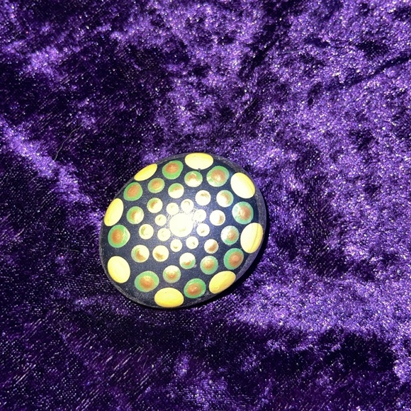 Handmade 2x2 Round Pebble with Lime Green, Gold & Yellow-Green Dot Art - Picture 4 of 5